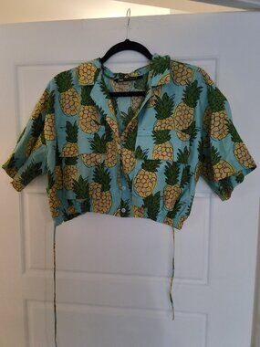 ZARA Pineapple Print Crop Shirt 🍍 Tropical Vibe | XS | 100% Cotton